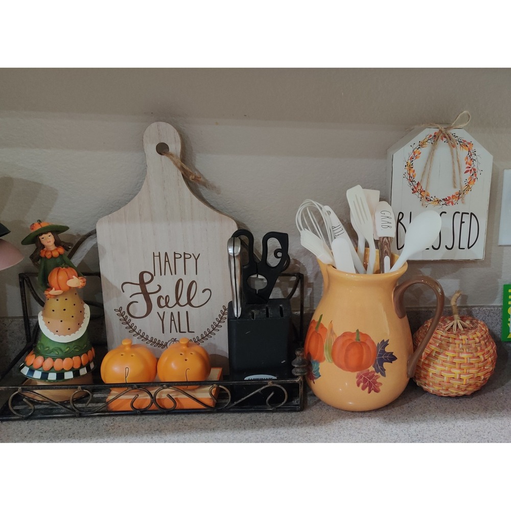 Harvest Ceramic Pumpkin Pitcher Fall Autumn Decor Utensil Holder Crock Vase - Picture 2 of 11